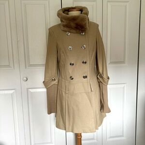 Feminine Wool mix Pea Coat Leopard Lining Rabbit Fur Collar 32” long Size M